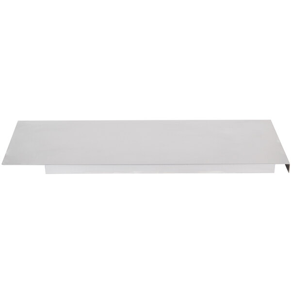 A white metal shelf with a metal plate on top.