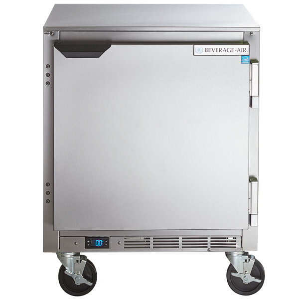 A silver Beverage-Air undercounter freezer with wheels.