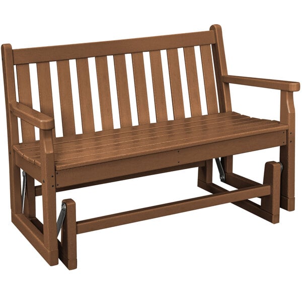 A POLYWOOD teak glider bench with arms and a backrest.