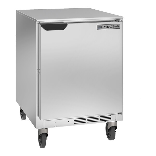 A silver stainless steel Beverage-Air undercounter refrigerator on wheels.
