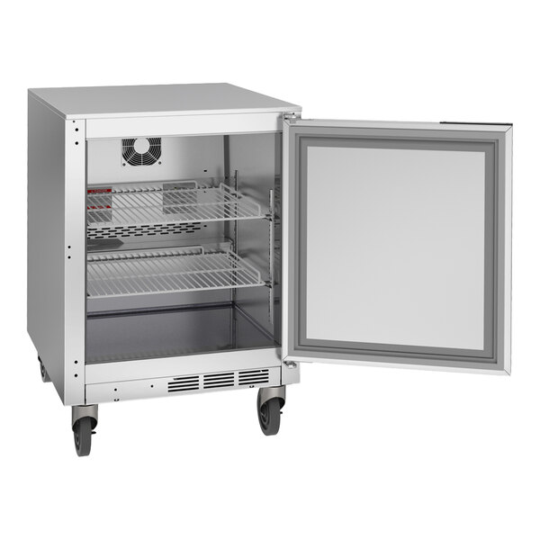 A Beverage-Air undercounter refrigerator with a door open.