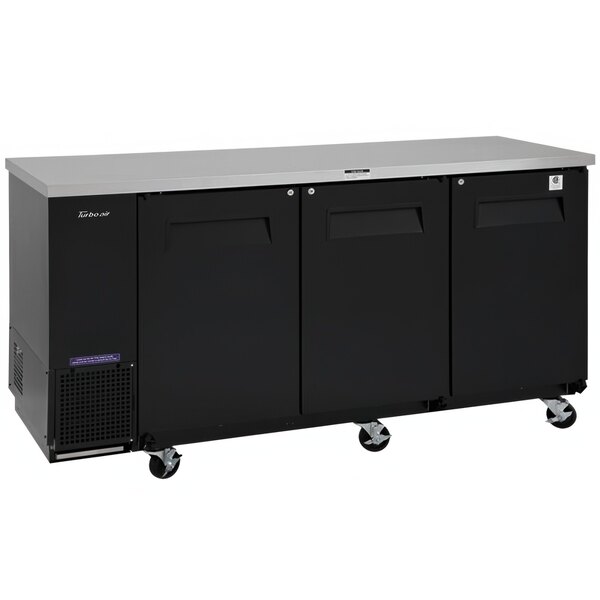 A black and silver Turbo Air Super Deluxe narrow back bar cooler with black doors.