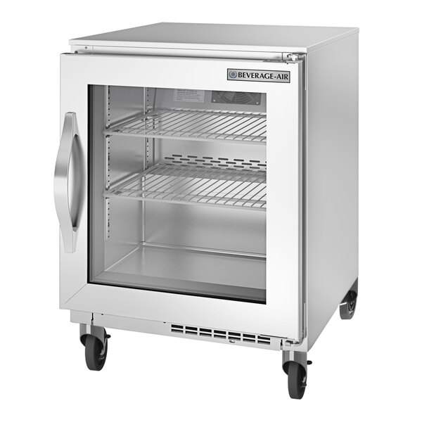 A stainless steel Beverage-Air undercounter freezer with a glass door.