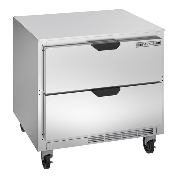 A silver Beverage-Air undercounter refrigerator with two drawers.