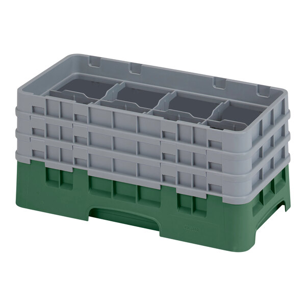 A green and gray plastic Cambro Camrack with 8 compartments and 3 extenders.