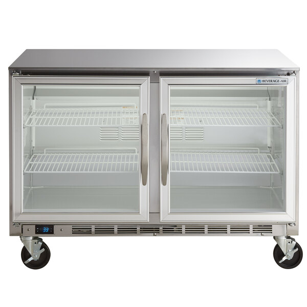 A Beverage-Air undercounter freezer with glass doors.