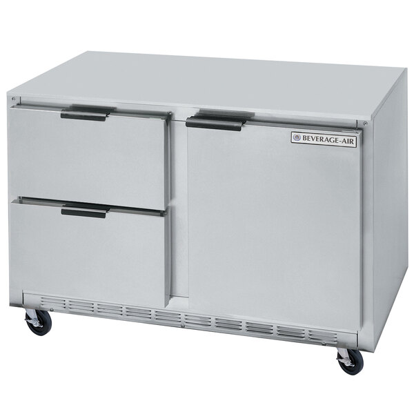 A stainless steel Beverage-Air undercounter refrigerator with two drawers.