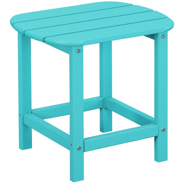 A POLYWOOD blue side table with a wooden top.