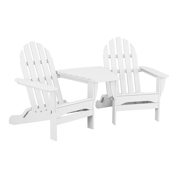 Two white POLYWOOD Adirondack chairs with a connecting table.