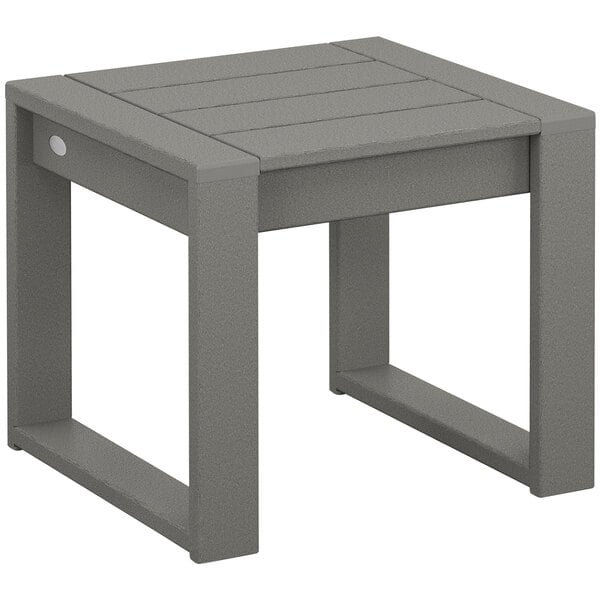 A POLYWOOD slate gray square end table with wooden legs.