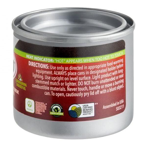 A canister of Sterno ethanol gel chafing dish fuel designed for food warming.