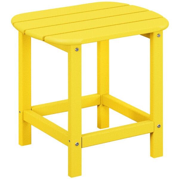 A POLYWOOD lemon yellow side table with a wooden top.