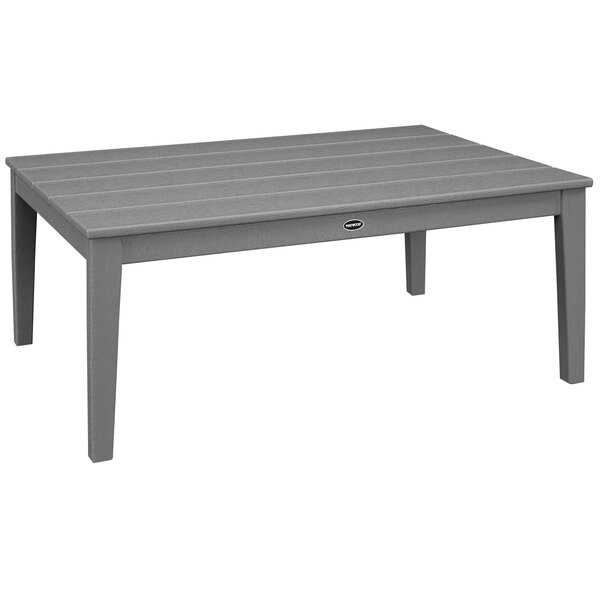 A POLYWOOD slate grey rectangular coffee table with legs.