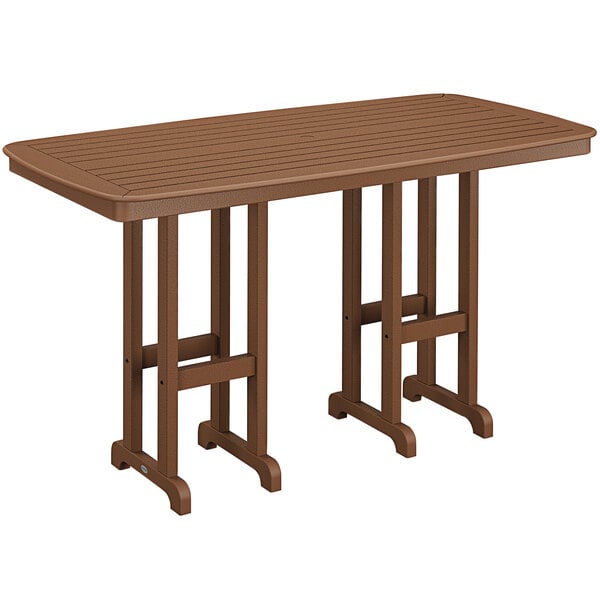 A brown POLYWOOD Nautical bar height table with two legs.