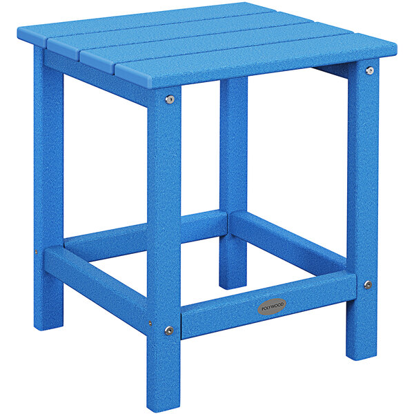 A POLYWOOD blue side table with a square top and metal base.