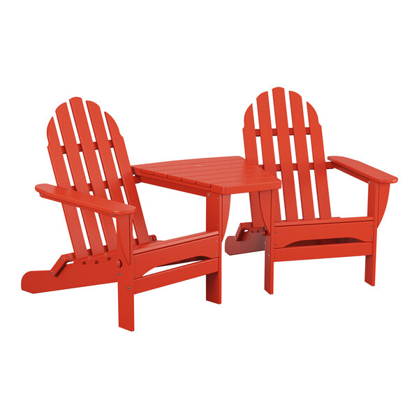 Two POLYWOOD sunset red Adirondack chairs with a connecting table.