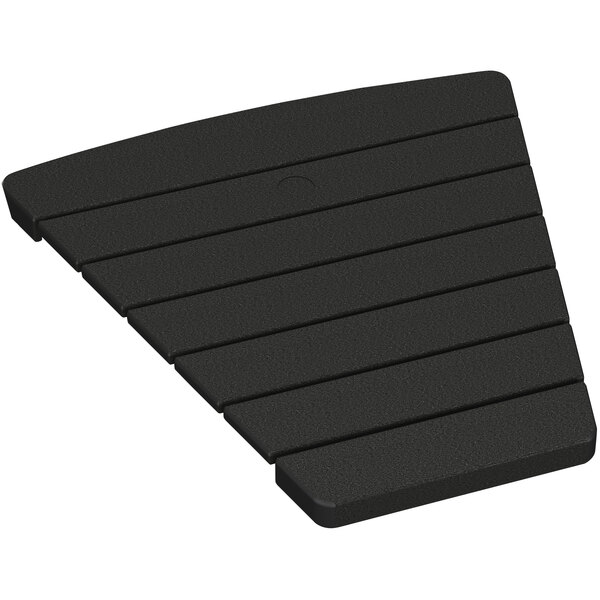 A black plastic triangle-shaped connecting table for a POLYWOOD Adirondack chair.