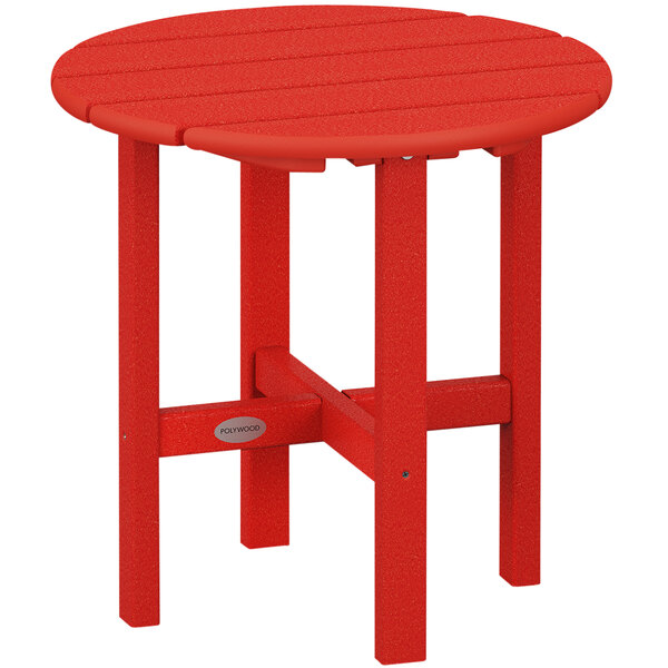 A POLYWOOD red round side table with legs.