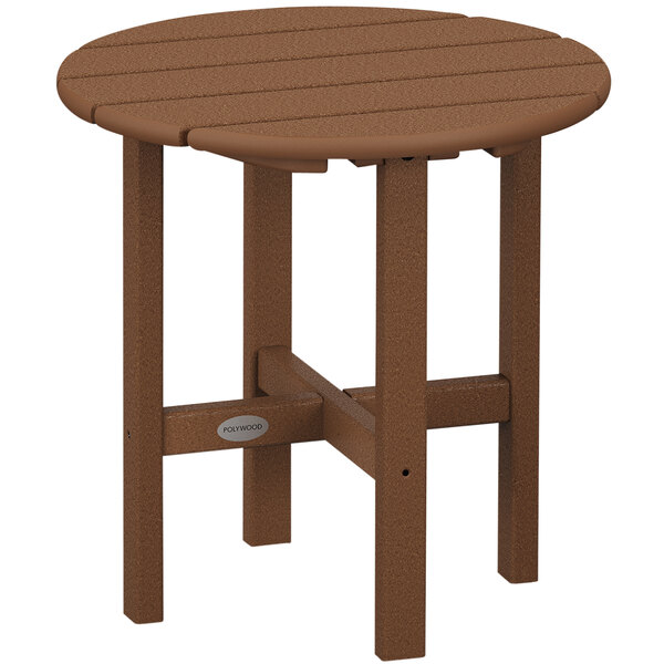 A brown POLYWOOD round side table with legs.