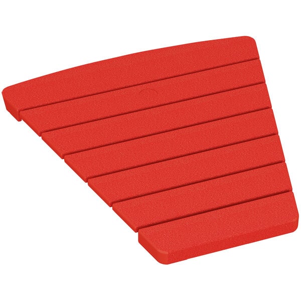 A sunset red POLYWOOD triangle-shaped connecting table.