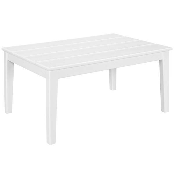 A white POLYWOOD coffee table with wooden slats on the top and legs.