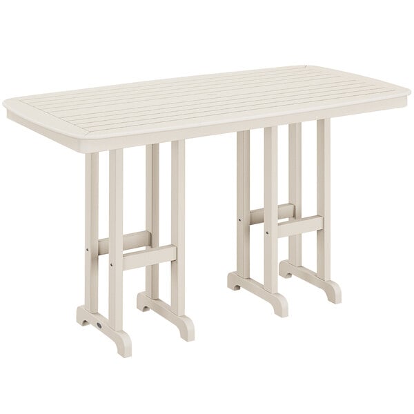 A sand colored POLYWOOD rectangular bar height table with two legs.