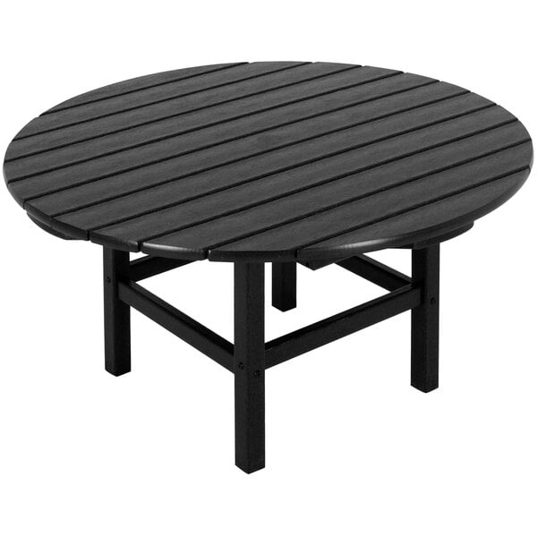 A POLYWOOD round black conversation table with legs.