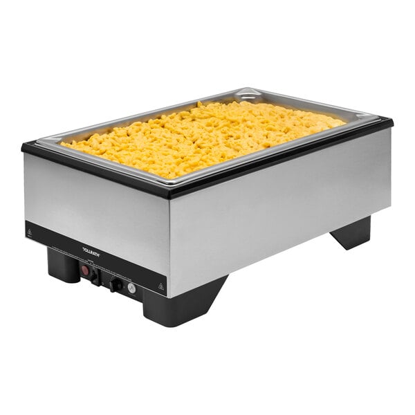 A stainless steel countertop food warmer filled with macaroni and cheese.