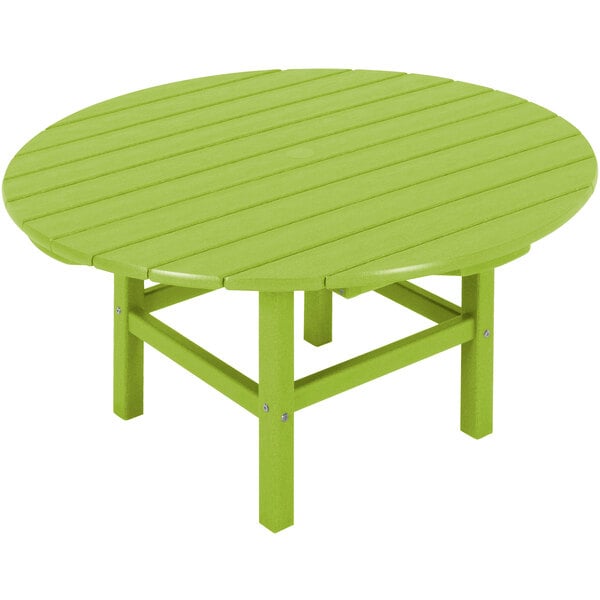 A lime green round POLYWOOD conversation table with a wooden top and legs.
