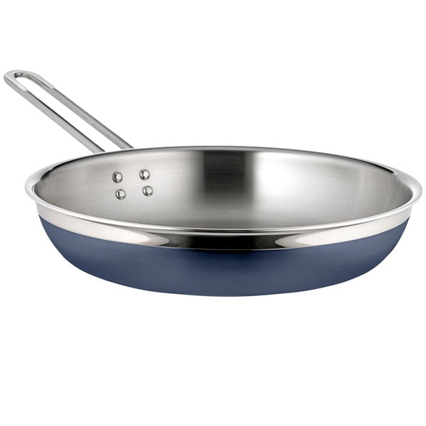 A Bon Chef stainless steel saute pan with a long handle and cobalt blue exterior.