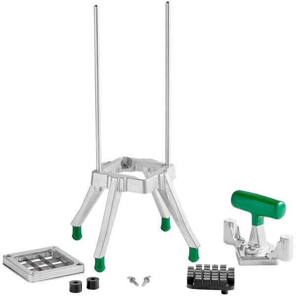 A metal Garde vegetable dicer with a green handle and grid.