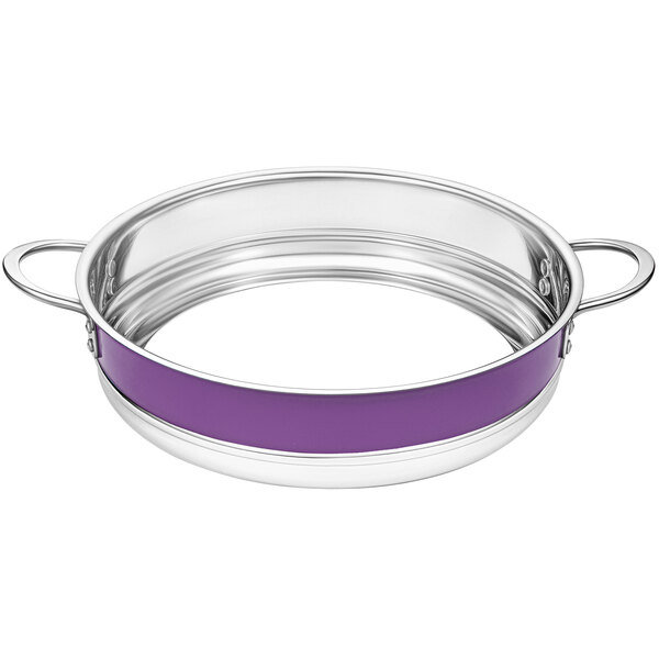 A silver and purple Bon Chef bottomless pot with a handle.