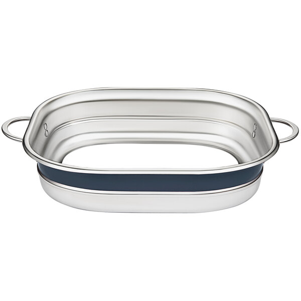 A Bon Chef stainless steel bottomless rectangular French oven with blue handles.