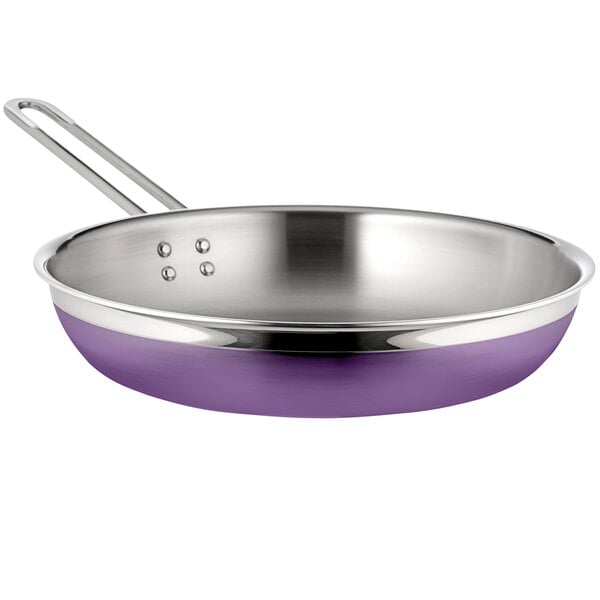 A purple Bon Chef Country French stainless steel saute pan with long handle.