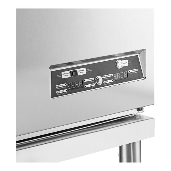 A stainless steel Noble Warewashing undercounter dishwasher with a digital display.