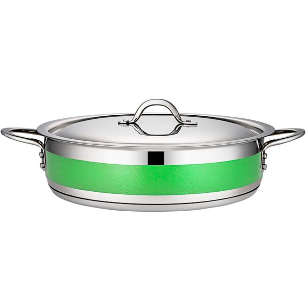A lime green and silver Bon Chef Country French brazier pot with a lid.