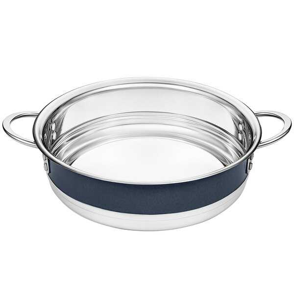 A Bon Chef stainless steel bottomless pot with blue handles.