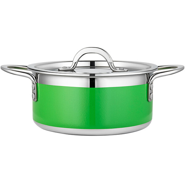 A lime green and silver Bon Chef Country French cooking pot with a lid.