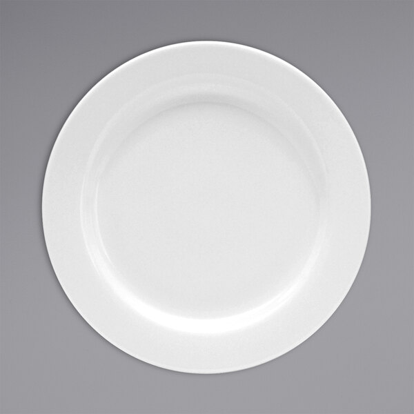 An Oneida Tundra warm white china plate with a wide white rim.