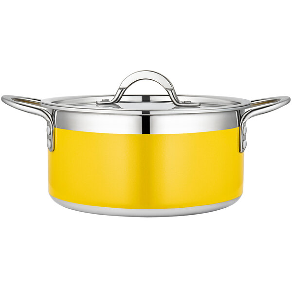 A yellow and stainless steel Bon Chef Country French pot.