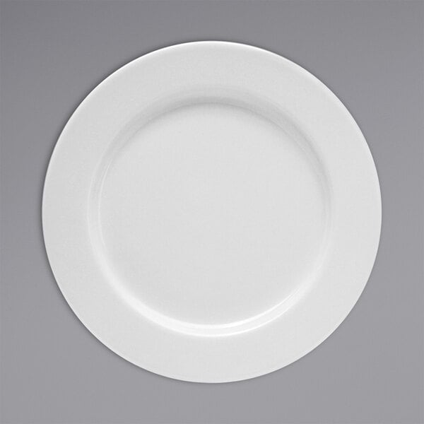 A white Oneida Tundra china plate with a wide white rim.