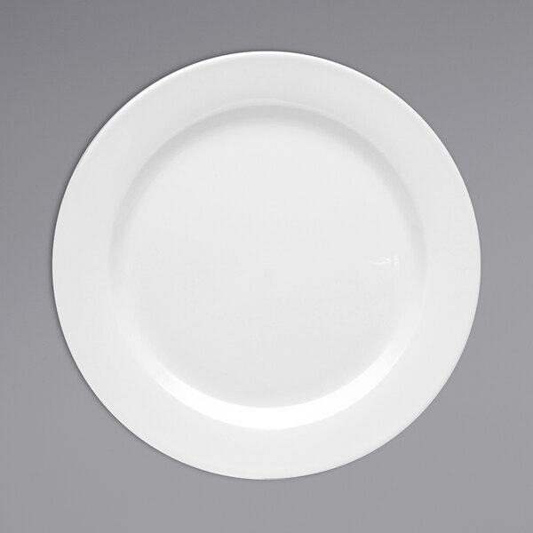 A Oneida Tundra warm white china plate with a wide white rim.