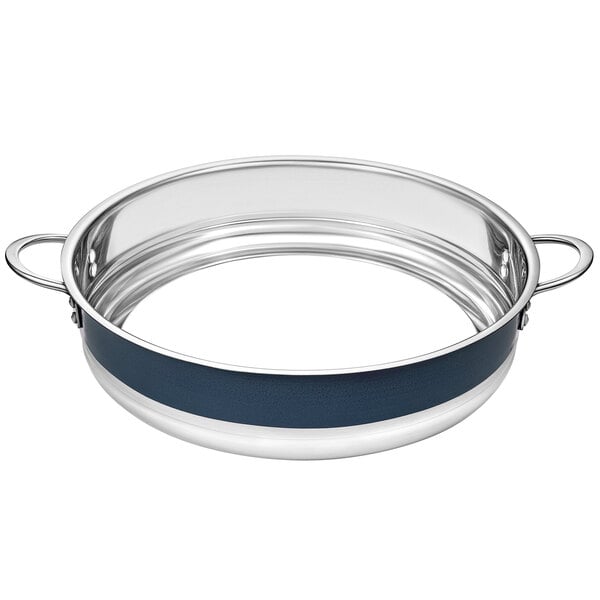 A Bon Chef stainless steel bottomless pot with cobalt blue handles.