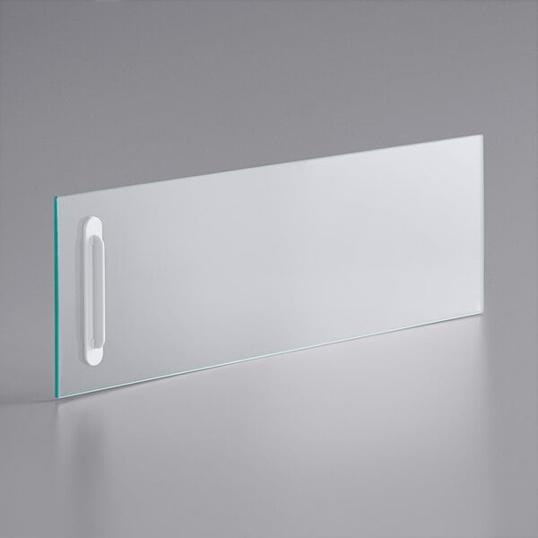 An Avantco glass door with a white handle.