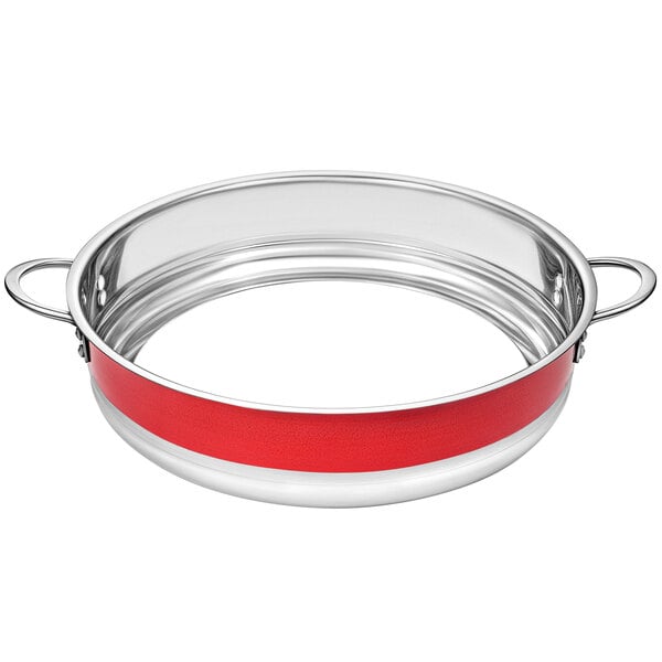 A red stainless steel bottomless pot with a handle.