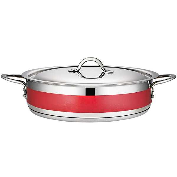 A red and silver Bon Chef Country French brazier pot with a lid.