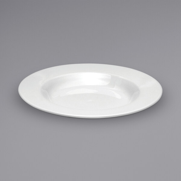 A white Oneida Tundra wide rim china soup bowl.