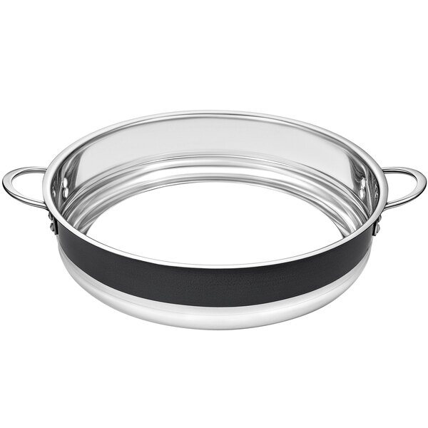 A Bon Chef stainless steel bottomless pot with black handles.