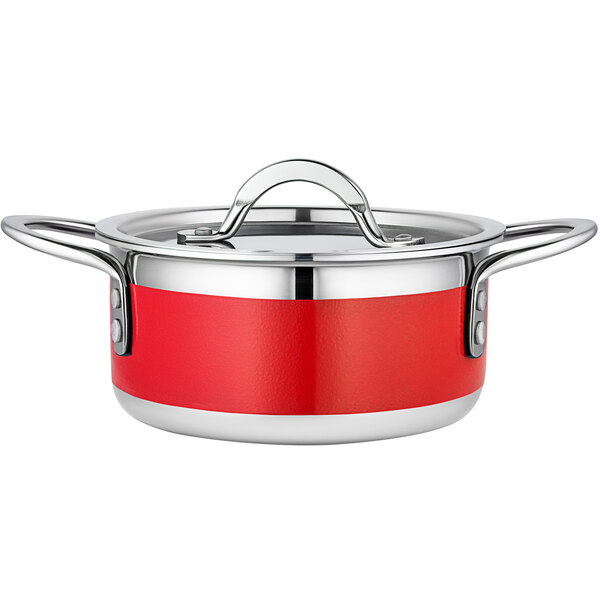 A red and silver Bon Chef stainless steel pot with a lid.