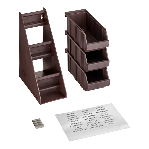A brown three-tier organizer set with three stackable bins, two label sheets, and small gray clips, all displayed on a white background.